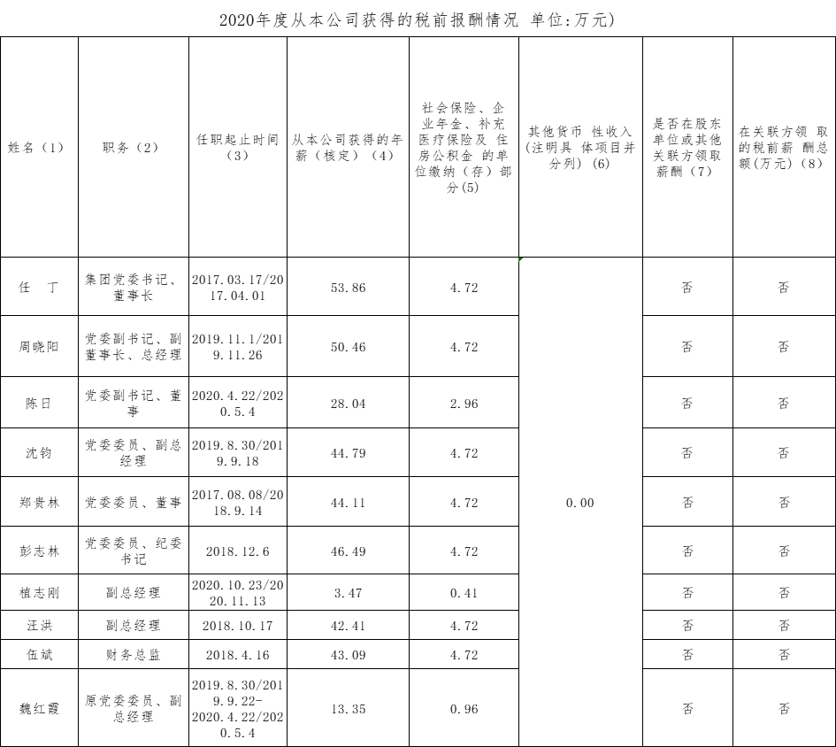 2020年度从本公司获得的税前报答情况